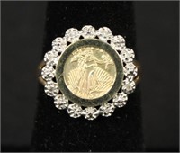 Ladies 14kt Liberty Coin Copy Ring w/ Diamonds