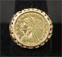 1908 U.S. Quarter Eagle Coin in 14kt Gold Ring