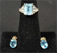 Emerald Cut Sky Blue Topaz Ring with Earrings