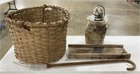 Churn, Cotton Basket, Kraut Cutter & Walking Stick