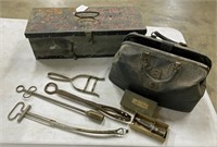 Toolbox marked Ford, Old Veterinarian Bag & Tools