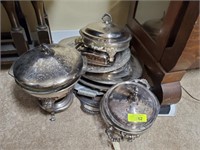 GROUP LOT OF SILVERPLATE- CHAFFING DISHES, TRAYS,