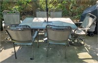 TILE TOP OUTDOOR TABLE AND 6 CHAIRS WITH UMBRELLA