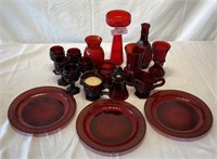 17 pcs. Cranberry Glass Plates, Glasses & ++