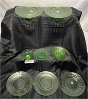 8 pcs. Vaseline Green Plates, Cups & Bowl