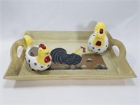 Rooster Tray with Ceramic Creamer & Sugar Set