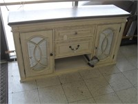 PAINTED SIDEBOARD/MISSING DRAWER AND CRACKED GLASS