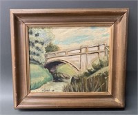 Oil on Canvas Bridge Over Stream