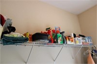 Shelf lot; cleaners, towels, needlepoint, etc