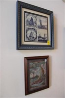 2pc Ship Tapestry & Delft Tiles 19.5" x 19.5"