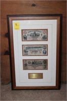 Framed 3pc pre Civil War Currency w/ coa frame 21"