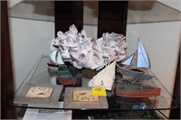 Shelf lot w/ sailboats, coasters, shell art