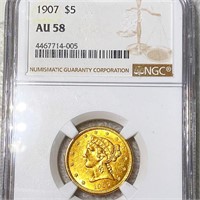 1907 $5 Gold Half Eagle NGC - AU58