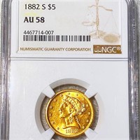 1882-S $5 Gold Half Eagle NGC - AU58