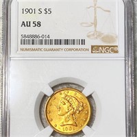 1901-S $5 Gold Half Eagle NGC - AU58