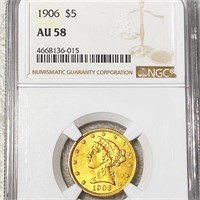 1906 $5 Gold Half Eagle NGC - AU58
