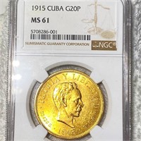 1915 Cuba Gold 20P Coin NGC - MS61