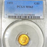 1851 Rare Gold Dollar PCGS - MS63