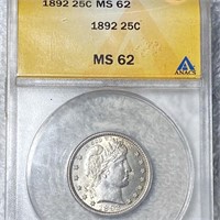 1892 Barber Silver Quarter ANACS - MS62