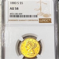 1880-S $5 Gold Half Eagle NGC - AU58