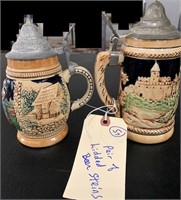 2 lidded beer steins w castle mill tavern scenes