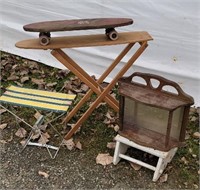 Stools, shadow box, child's ironing board, skate