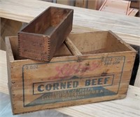 2 wooden advertising boxes including corned beef