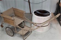 Wicker baby/dog carriage and wooden bucket