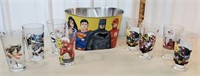 Set of marvel glasses and marvel DC comics tin
