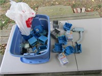 Plastic Tote w/ Lid and electrical boxes