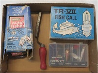 Fishing items including Miller Beer lures