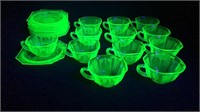 8 Green Uranium Glass "Princess" Cups Saucers