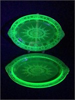 2 Green Uranium Glass "Princess" Platters