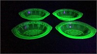 4 Green Uranium Glass "Princess" Oval Bowls
