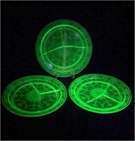 3 Green Uranium Glass "Princess" Grill Plates