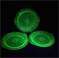 3 Green Uranium Glass "Princess" Dinner Plates