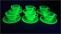 6 Uranium Federal Glass "Colonial" Cups Saucers