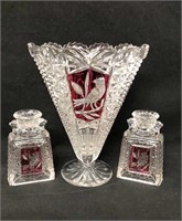 3pc EAPG Ruby Clear Fan Vase & Candle Holders