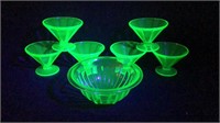 7pc Green Uranium Glass Sherberts Mixing Bowl