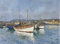 Lg. Painting of Boats in Harbor, Artist Unknown.