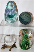 4 Glass Paperweights 3 Hand Blown 1 Signed