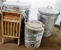 Trash Cans, Washboard, & Igloo Water Cooler
