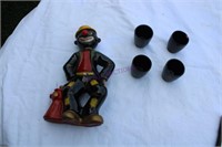 Vintage Clown Decanter & 4 Shot Glasses