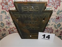 1922 PENNSYLVANIA STATE HIGHWAY PLAQUE (BRASS ?)