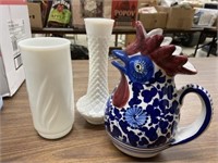 Milk Glass Vases, Chicken Pitcher, Plastic Ware,