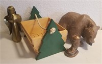 Ceramic Bear, Boot Bank, Brass Angel, Wood Basket