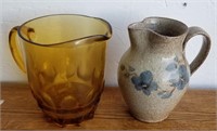Stoneware Pitcher & Amber Glass Pitcher