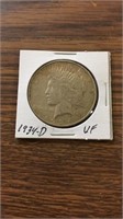 1934 D-mint VF 90% silver Peace dollar