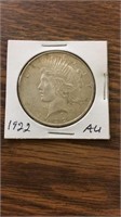 1922 AU 90% silver Peace dollar