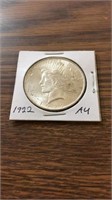 1922 AU 90% silver Peace dollar